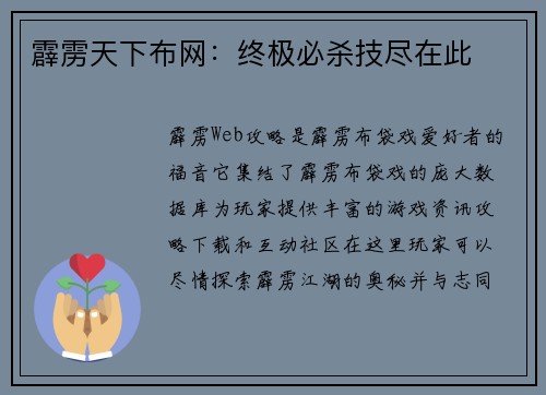 霹雳天下布网：终极必杀技尽在此